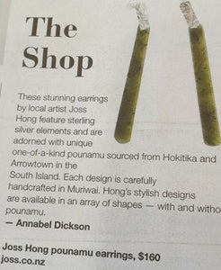 Hono pounamu and stirling silver earrings featured in Canvas Magazine, NZ Herald