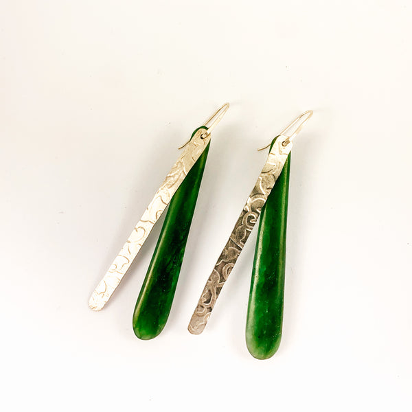 Hono stirling pounamu and stirling silver long drop earrings