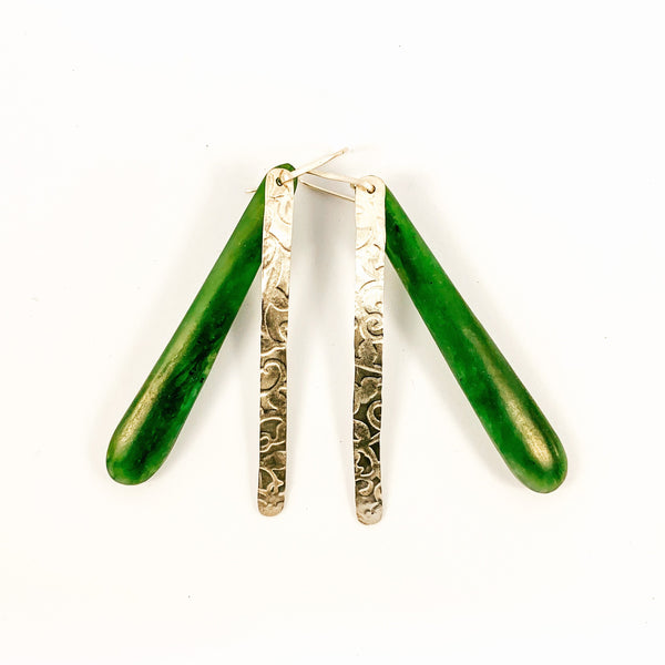 Hono stirling pounamu and stirling silver long drop earrings
