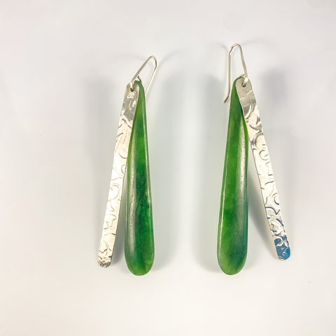 Hono stirling pounamu and stirling silver long drop earrings